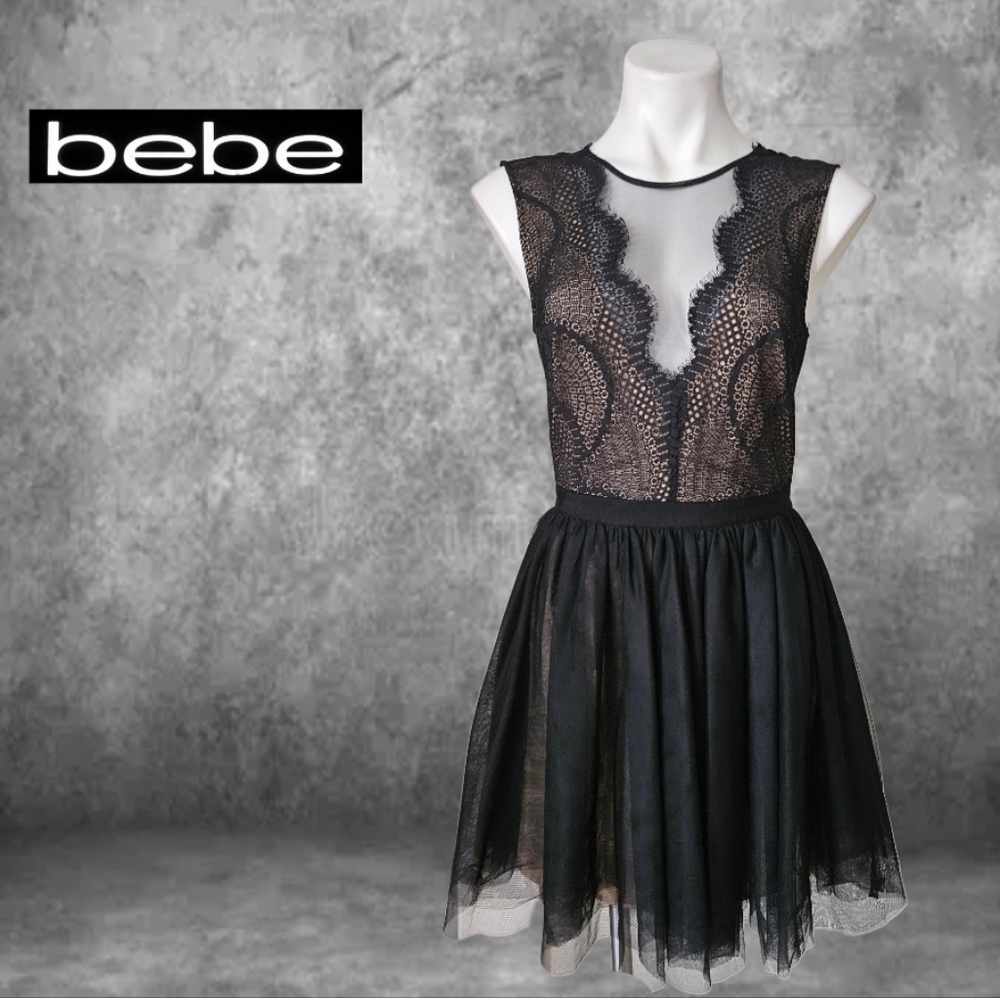 Bebe Fit and Flare Lace tulle cocktail dress Size 6